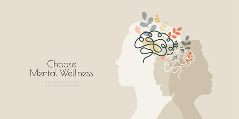 Mental Health banner. Choose Mental Wellness. Silhouettes  with brain and floral elements.
