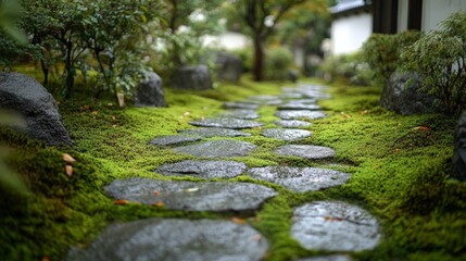 Obraz premium Tranquil japanese garden pathway with lush green moss and stone stepping stones