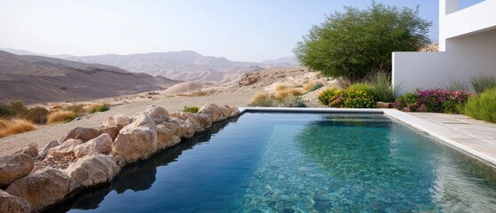 Obraz premium spa landscape oasis, Serene outdoor pool with mountains in the background, surrounded by rocks and lush greenery.