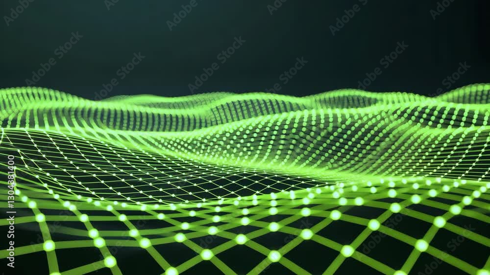 Poster digital landscape of glowing green grid lines forms futuristic wave pattern against dark background,