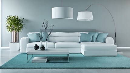 Modern Minimalist Living Room Interior Design with White Sofa and Teal Rug