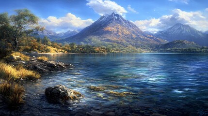 Obraz premium Serene Autumn Lake and Mountain Landscape