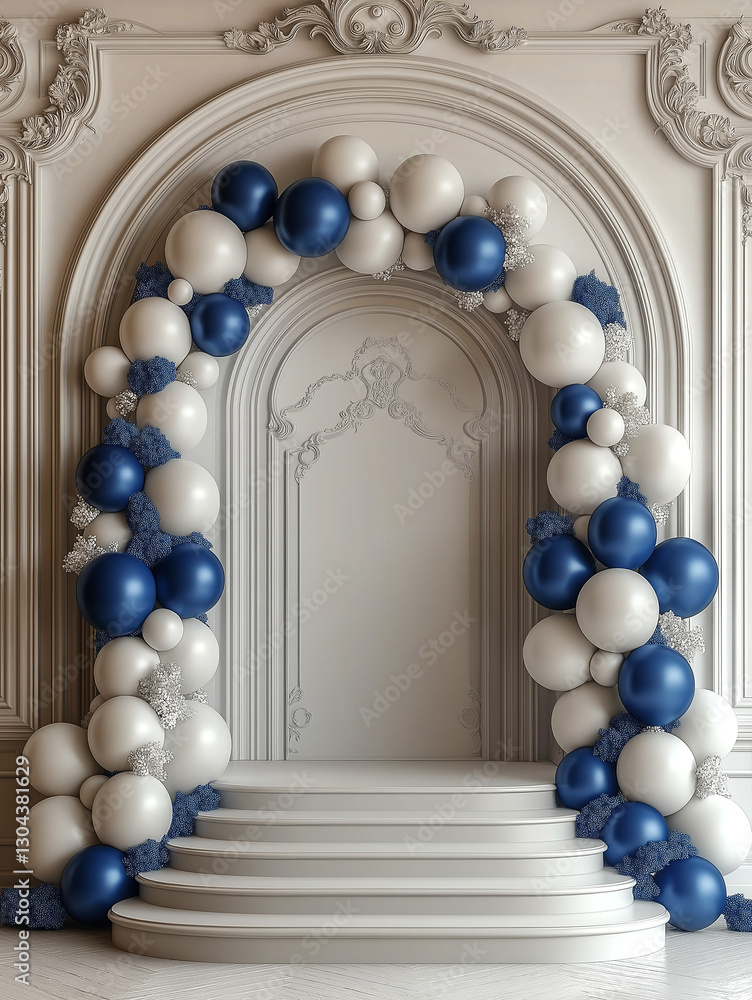 Poster elegant podium in a frame with balloons and with empty space for text . generative ai