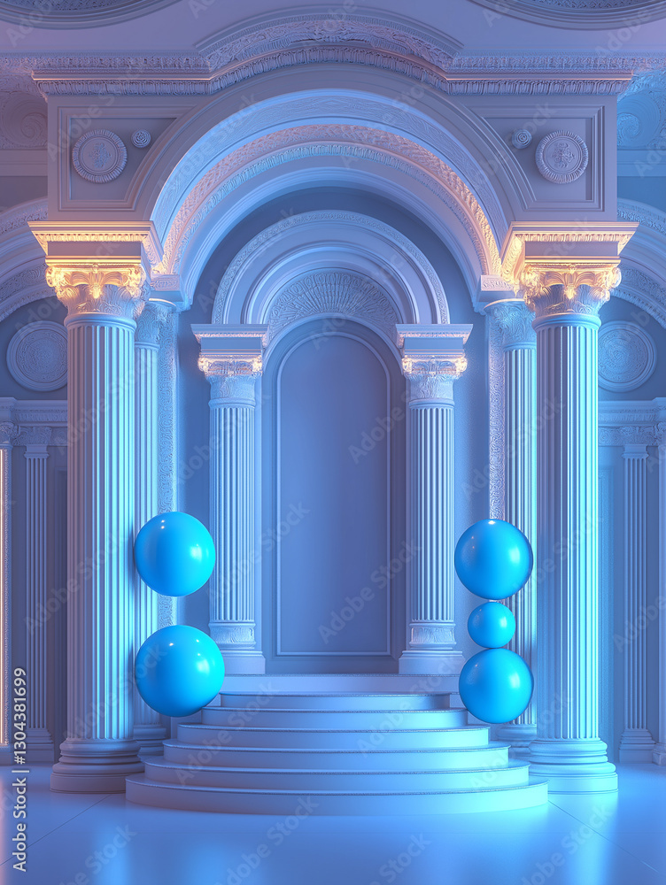Poster elegant podium in a frame with balloons and with empty space for text . generative ai