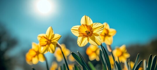 Obraz premium Vibrant Yellow Daffodils in Full Bloom, Bathed in Warm Sunshine Against a Clear Blue Sky