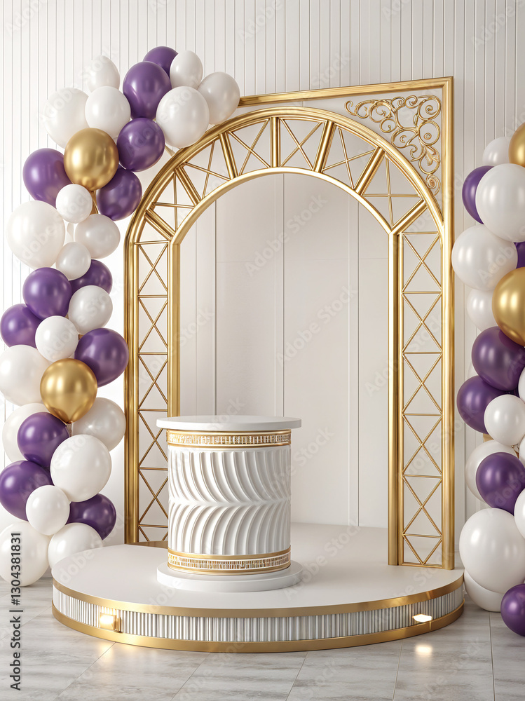 Poster elegant podium in a frame with balloons and with empty space for text . generative ai