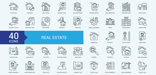 Real estate icon collection set with house sale, home rent, real estate, property real, building permit