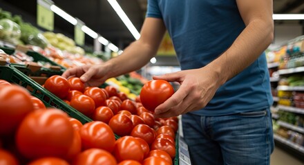 Man selecting fresh ripe tomatoes at the supermarket, healthy food choices for a balanced diet, buying local and supporting local farmers