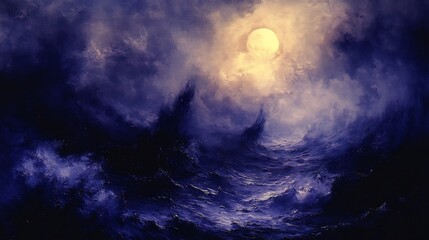 Naklejka premium Dramatic ocean waves crash powerfully under a radiant moon a breathtaking dark blue palette. AI Generated