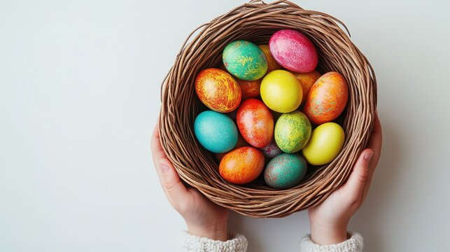 A top-view shot captures a child is delicate hands cradling a basket brimming with vibrant easter eggs, against a crisp white background, ready to deliver a message of joy and spring.