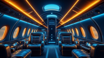 Luxurious private jet cabin interior at dawn