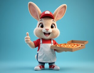 Rabbit Delivering Pizza Giving Thumbs Up on a Blue Background