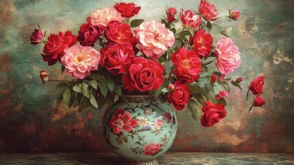 A vintage ceramic vase filled with lush roses, captured in a timeless, painting-inspired composition.