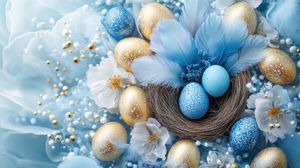 Obraz premium A top-down view reveals a vibrant Easter scene: a nest cradled by delicate blue feathers, nestled amidst a cluster of golden and blue Easter eggs, creating a visually appealing and festive tableau