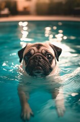 Cute Pug dog swimming in swimming pool.
