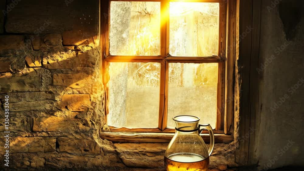 Poster sunlight streams through a rustic window illuminating a glass pitcher filled with water in an old st