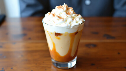 Delicious Caramel Cinnamon Dessert Drink with Cream Topping on Wooden Table