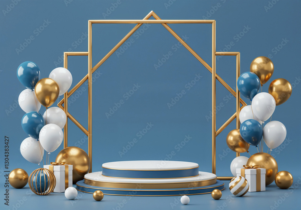 Poster elegant podium in a frame with balloons and with empty space for text . generative ai