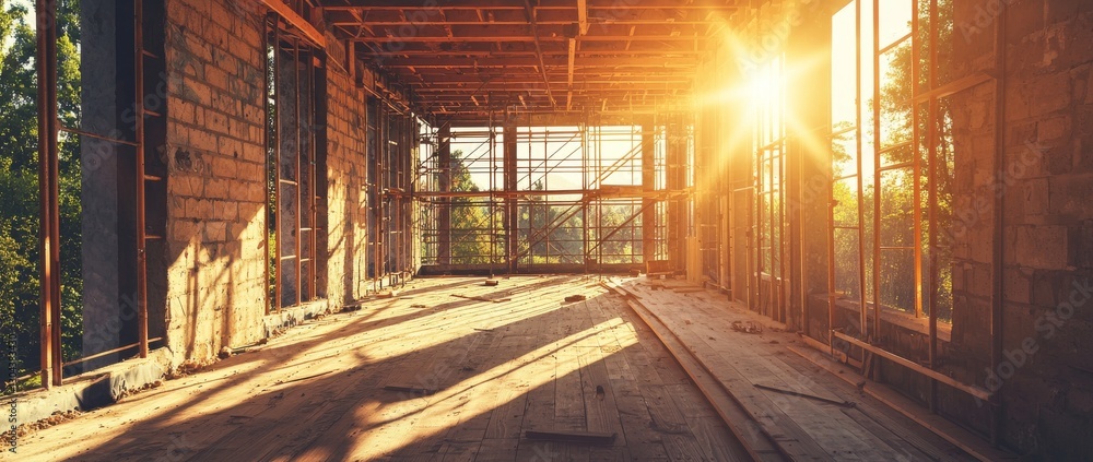 Poster surrounded by scaffolding, a modern high-rise building under construction demonstrates the intricate