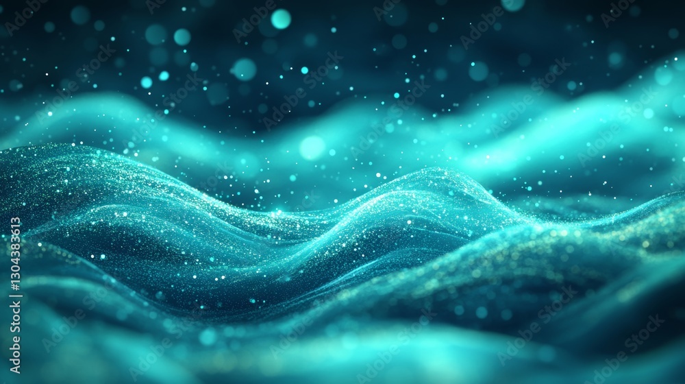 Poster Abstract Luminous Swirling Wave of Emerald and Cyan Light with Scattered Light Particles Background