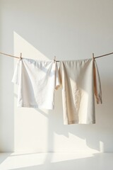 Sunlit Cotton Apparel Drying on a Clothesline A Minimalist Image of Freshly Washed Garments