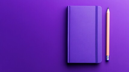 Bright violet notebook and pencil on a matching purple background, vibrant and bold.