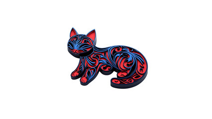 Ornate Filigree Kitten 3D Rendered Blue and Red Decorative Cat Design