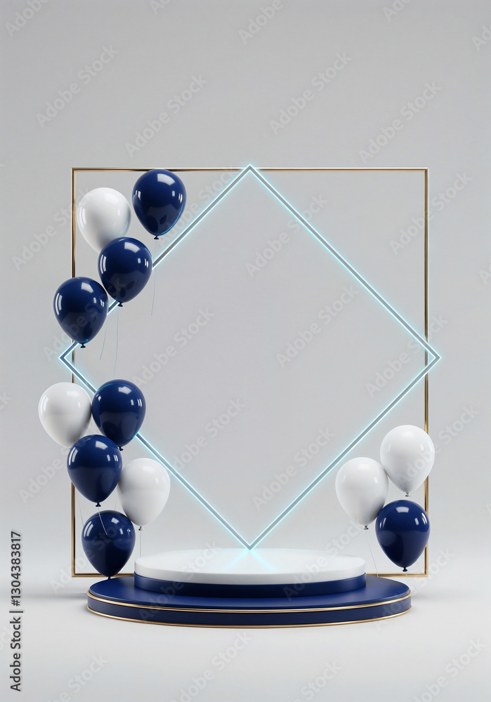Poster elegant podium in a frame with balloons and with empty space for text . generative ai