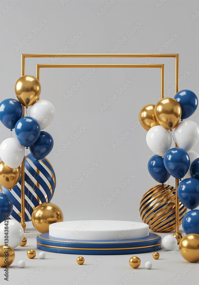 Poster elegant podium in a frame with balloons and with empty space for text . generative ai