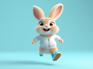 Obraz premium Running Cartoon Rabbit Smiling Wearing Shoes and Hoodie on Blue