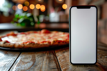 Smartphone with blank screen on wooden table next to pizza, showcasing app or delivery concept in restaurant setting, concept: food, phone, pizza, restaurant, delivery