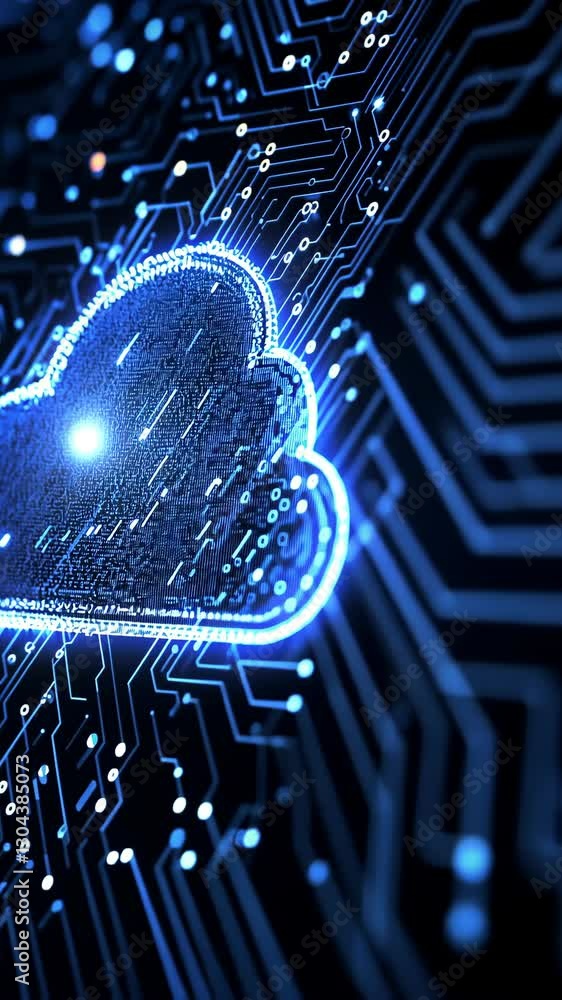 Poster digital cloud technology concept with glowing circuits against a dark background representing data s