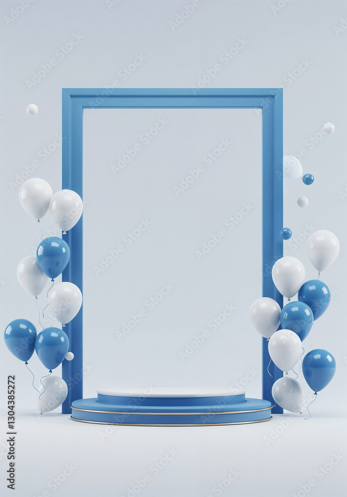Poster elegant podium in a frame with balloons and with empty space for text . generative ai