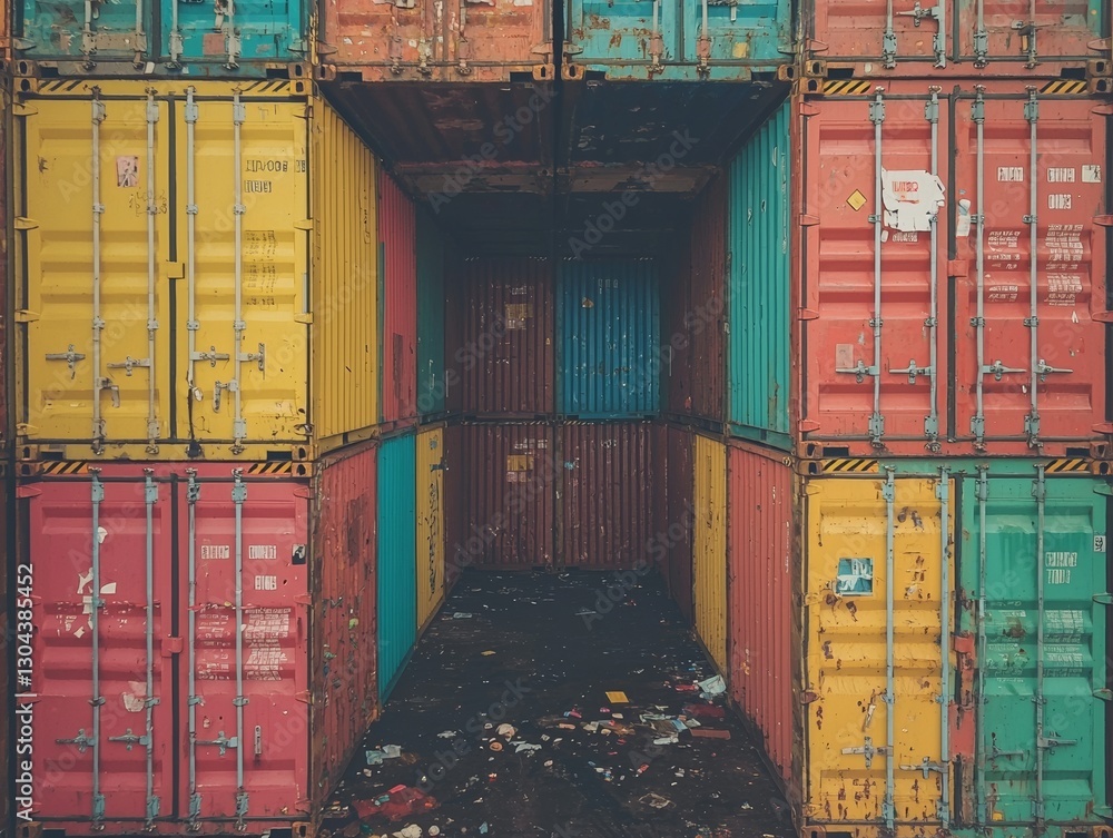 Poster the interior of a modern warehouse boasts an array of colorful storage containers, stacked with prec