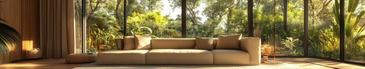 Cozy living room with large windows overlooking a lush forest
