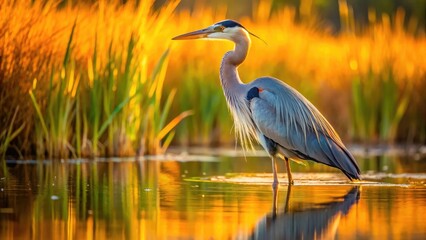 Great blue heron standing in the marsh with its feathers showing shades of blue and grey near a pond or river in the wild