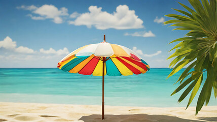 Fototapeta premium Relaxing Beach Scene with Colorful Mini Umbrella and Swaying Palm Leaves.