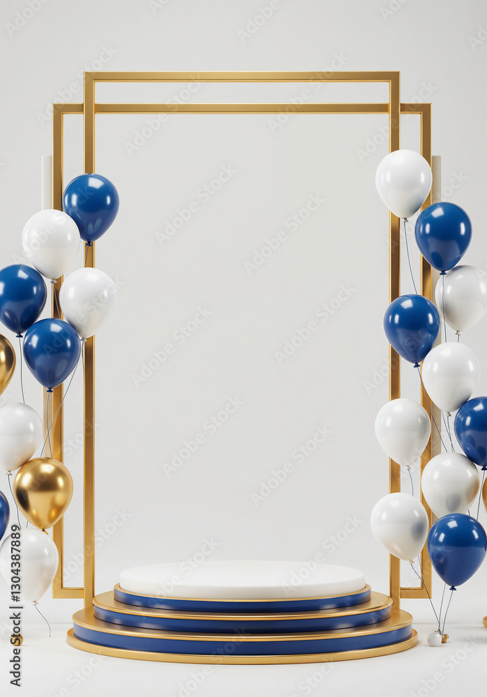 Poster elegant podium in a frame with balloons and with empty space for text . generative ai
