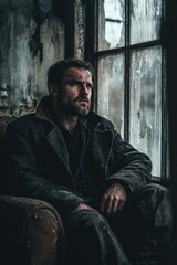 Obraz premium Man in worn clothing reflecting on life while sitting by a window