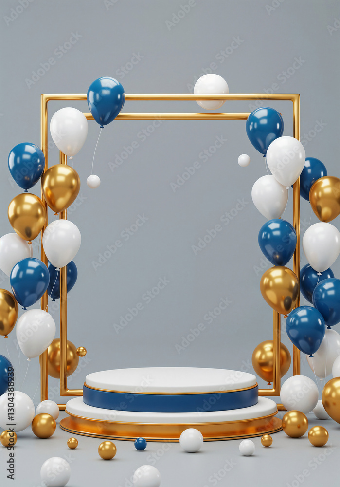 Poster elegant podium in a frame with balloons and with empty space for text . generative ai