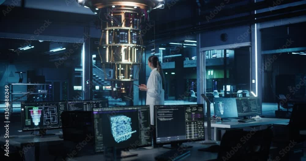 Poster female hardware engineer comes to the office, turns the lights on, walks up to examine a quantum com
