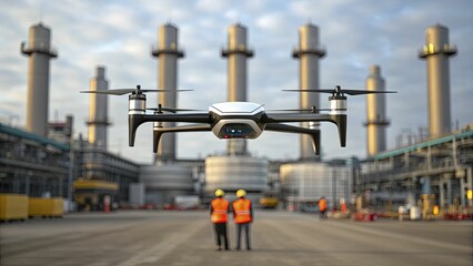 A conceptual illustration of a safety monitoring drone flying over an industrial site, with clean, sharp lines and a futuristic aesthetic.
