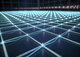 Naklejka premium A futuristic illustration of an abstract safety grid composed of thin, luminous lines intersecting over a dark background, suggesting robust security.
