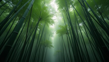 Fototapeta premium Misty Bamboo Forest with Sunlight Filtering Through