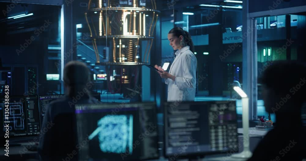 Poster portrait of a female researcher standing before a powerful quantum computer, using a tablet computer