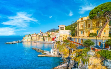 View of Bogliasco. Bogliasco is a ancient fishing village in Italy, Genoa, Liguria. Mediterranean Sea, sandy beach and architecture of Bogliasco town. Italy