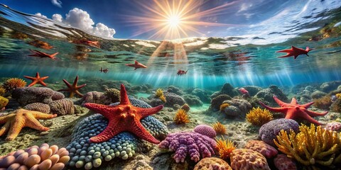 Fototapeta premium Aerial Drone Shot of Starfish on a Vibrant Coral Reef at Low Tide