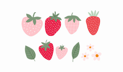 Cute Strawberry pattern, Print with berry. Natural sweet food. Summer fruit background for fabric, textile, wrapping paper, wallpaper. Flat vector illustration
