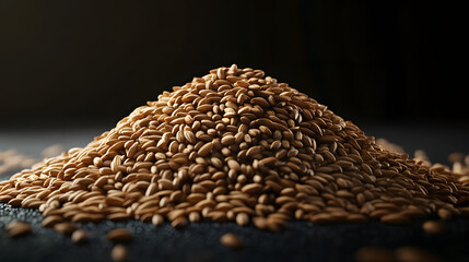 Obraz premium Cumin seeds arranged in a neat pile on a dark, smooth background, emphasizing their natural shape and color.