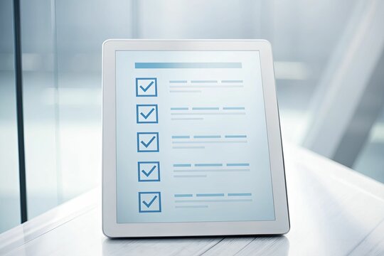 A minimalist design of a digital safety checklist overlaid on a translucent background, featuring crisp icons and a soft gradient of industrial blues.